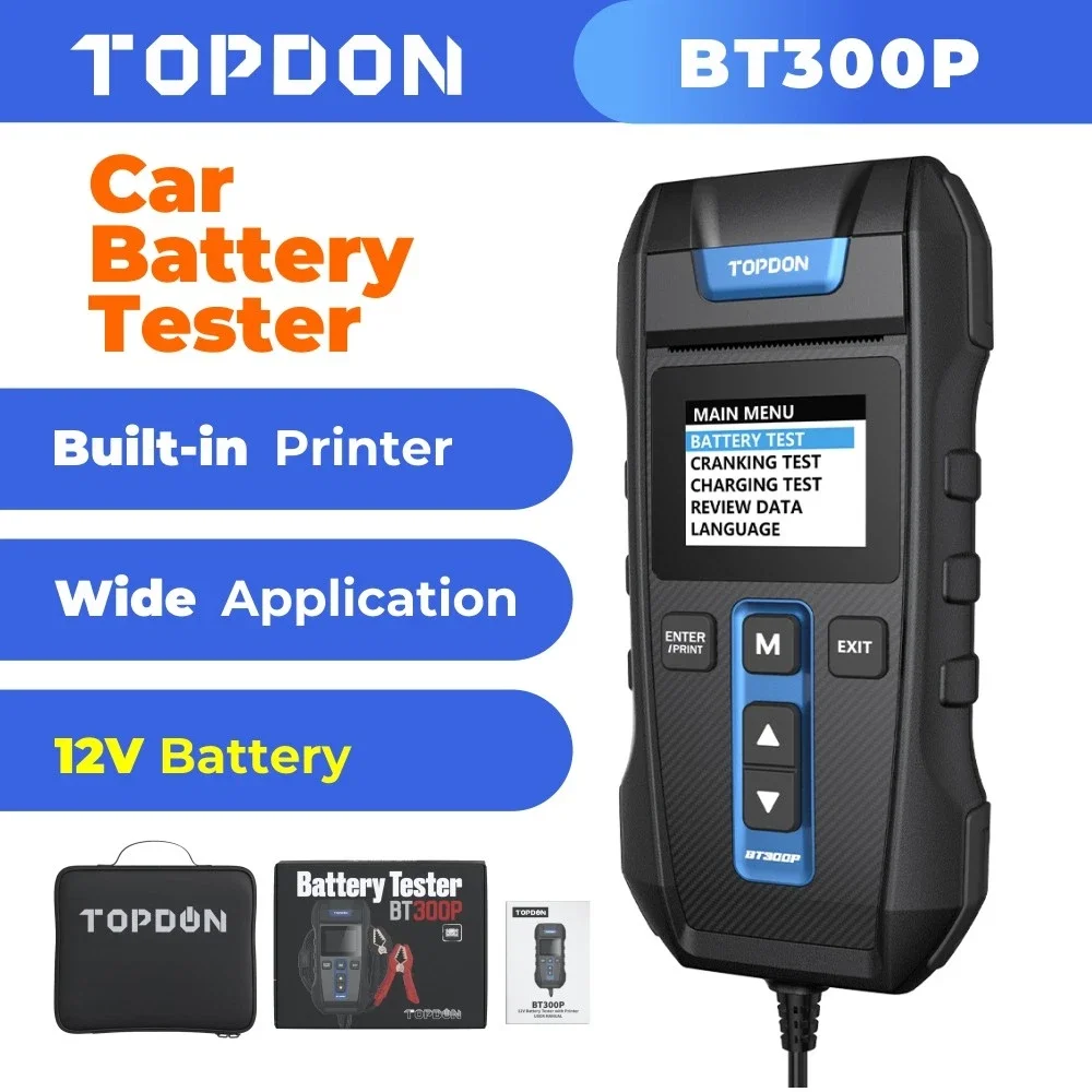 TOPDON BT300P Car Battery Load Tester 12V 24V 100-2000 CCA Battery Tester Built-in Printer Cranking Charging Health Analyzer Diagnostic Tool