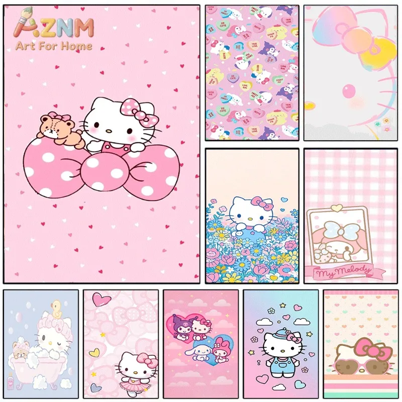 Sanrio Hello Kitty Canvas Wall Art Unframed Print Pink Polka Dot Bow Bear Cute Cartoon Poster for Bedroom Dorm Home Interior Wal