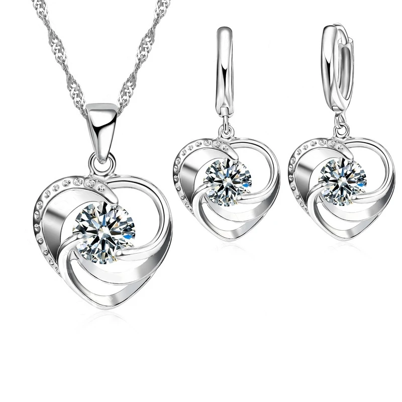 

925 Sterling Silver Stamped Necklace Earrings Set Long Chain Sweet Romantic Style Love Heart Shape For Women Lady Wife