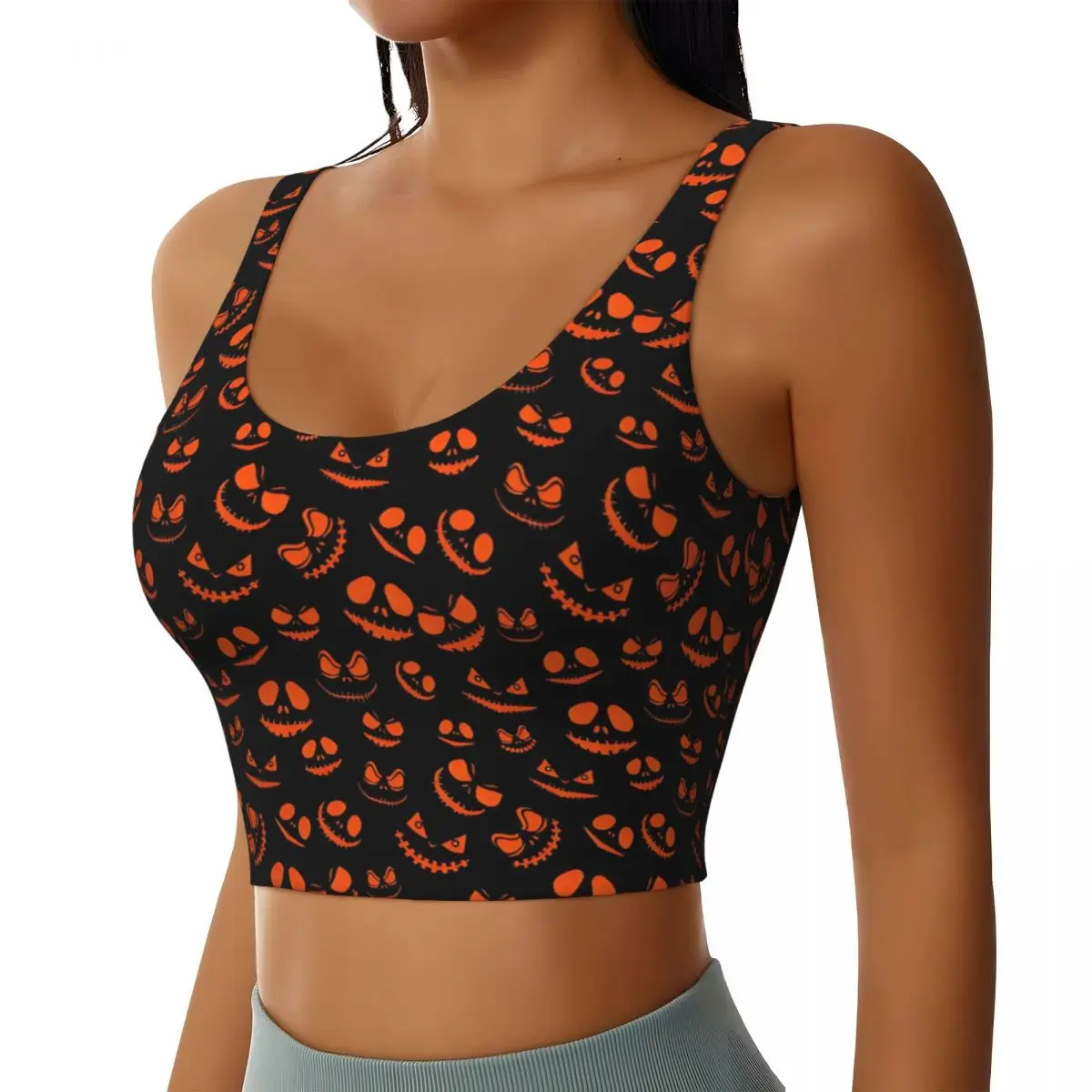 Custom Spooky Monster Eyes In The Dark Halloween Party Hollow Sports Bra Women's High Impact Workout Yoga Crop Top