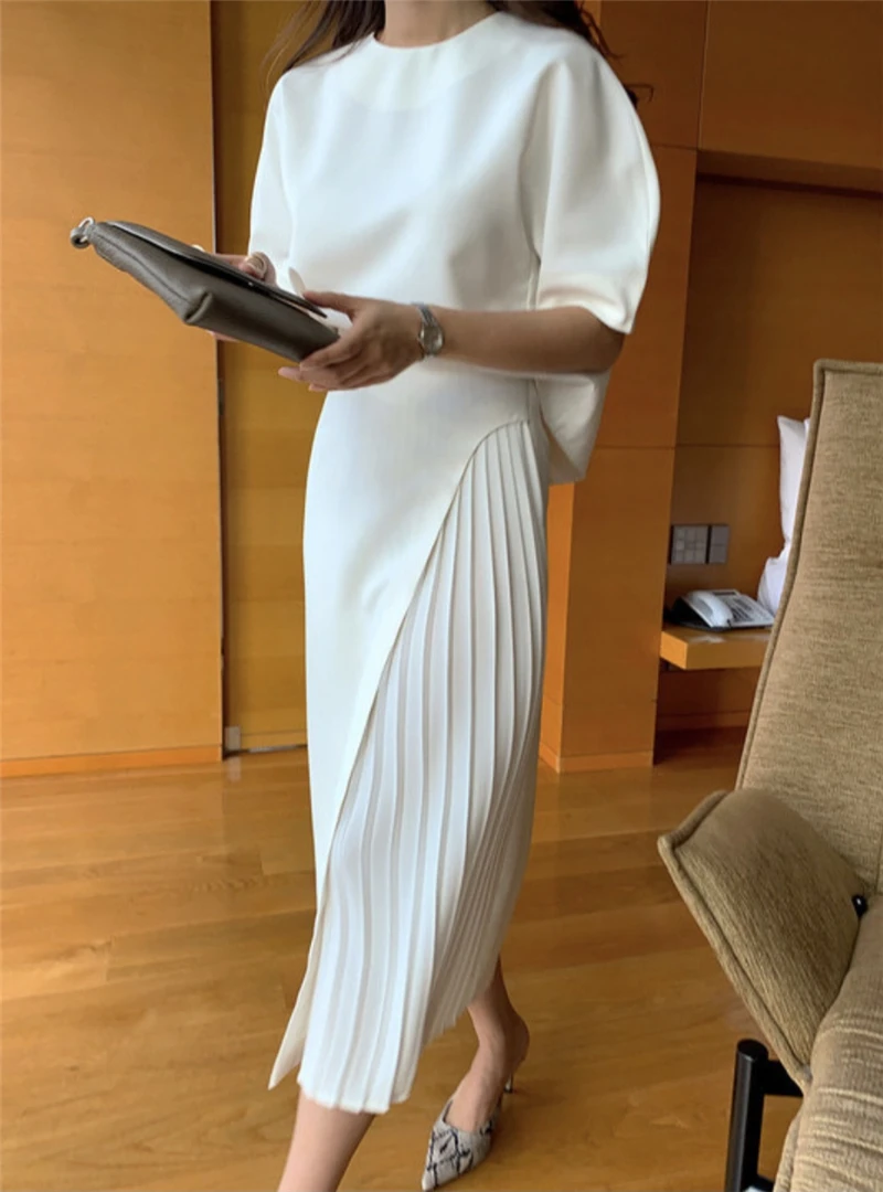 Elegant Spring Summer Two Pieces Set For Women O Neck Half Sleeve Solid Simple Top+A Line Pleated Skirt Female Casual Suit