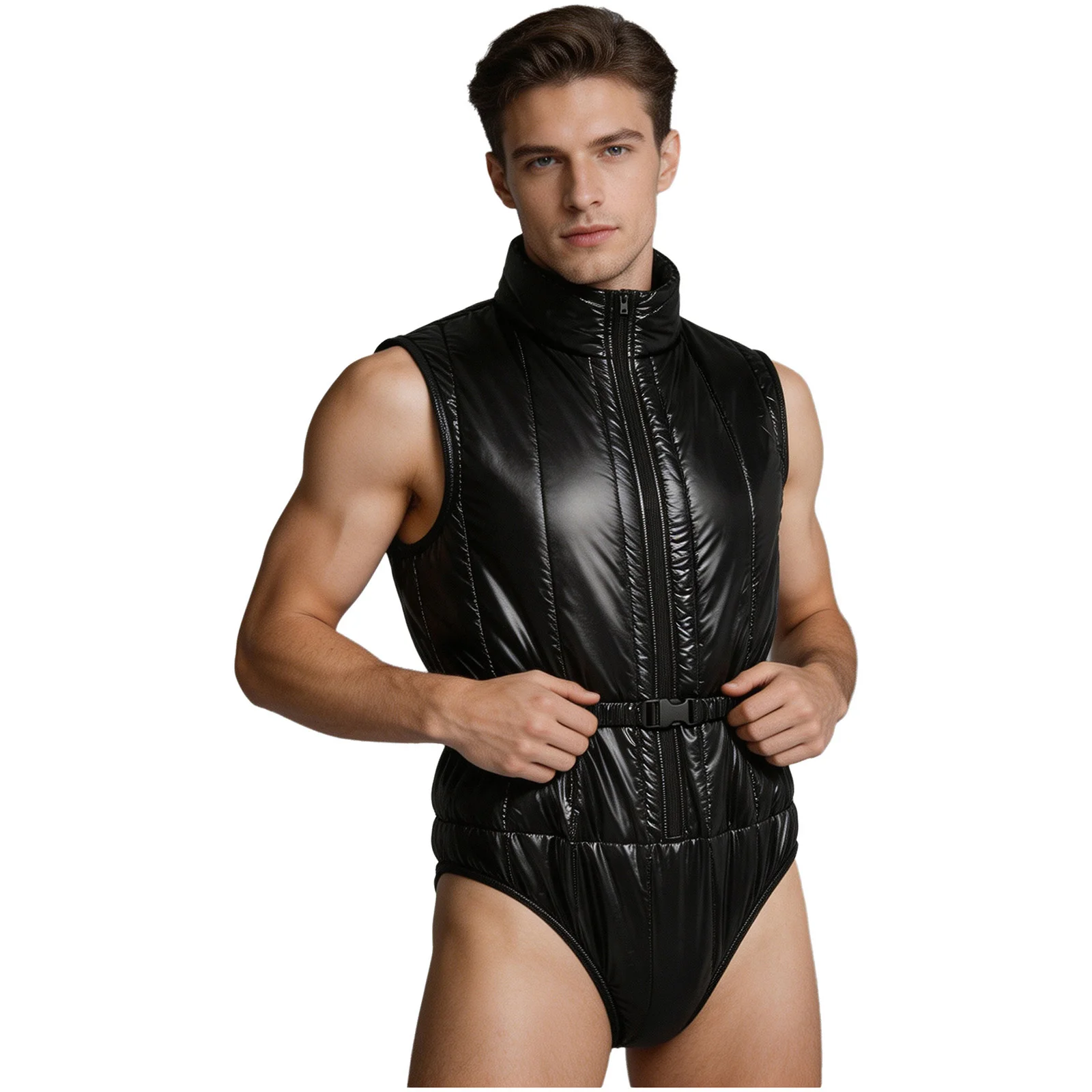 Mens Waterproof Padded Bodysuit Sleeveless Zipper Leak-proof Diaper Cover Leotard with Belt Incontinence Special Needs Clothing