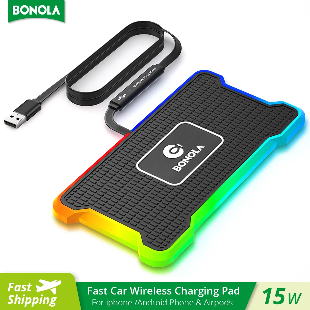 

Bonola Silicone Induction Charger Pad for iPhone/Samsung/Huawei 15W Wireless Car Charger Universal Vehicle Wireless Charger RGB