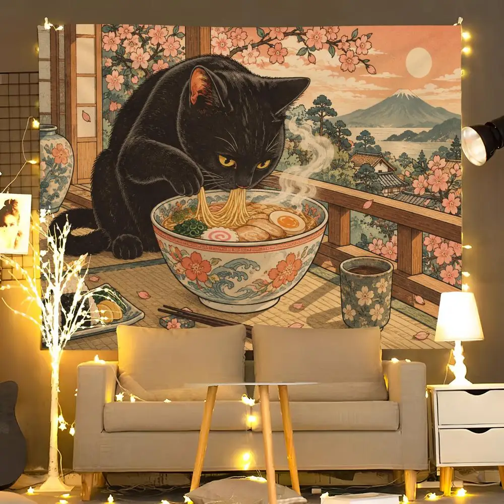 Cats Love Ramen Tapestry Durable Soft Microfiber Horizontal Wall Hanging Decor For Bedroom Patio Garden Parties 4