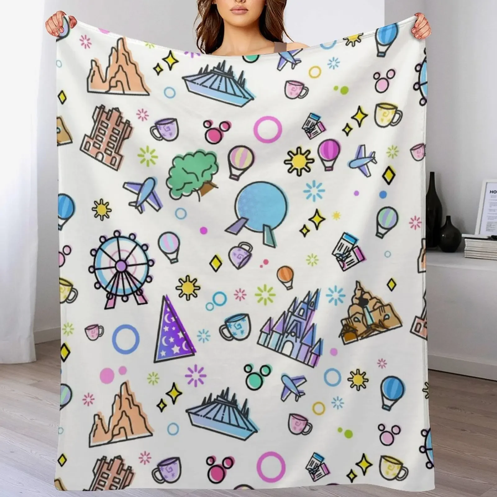 

Meet me at my Happy Place Pattern. Happiest Place on Earth. Florida Orlando Icons. Ferris Wheel Theme Park. Throw Blanket