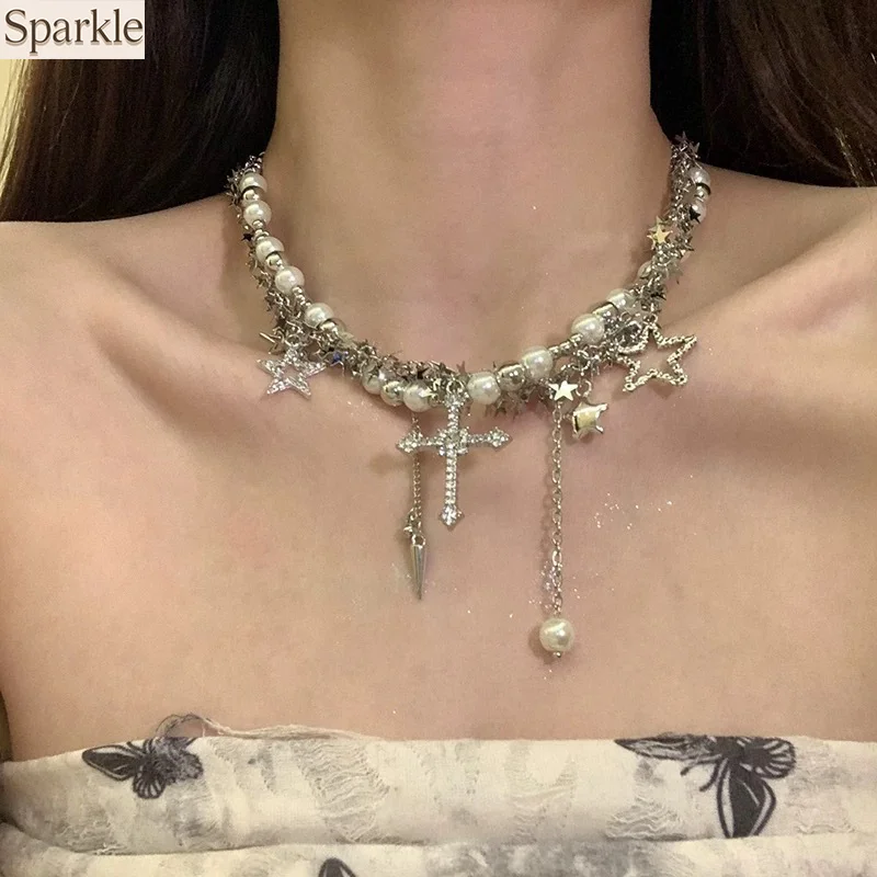 

Trendy Y2K Star Pearl Tassel Choker Cross Pendant Necklace for Women girl Barbed entanglement Chain of Stars Sexy Charm Jewelry