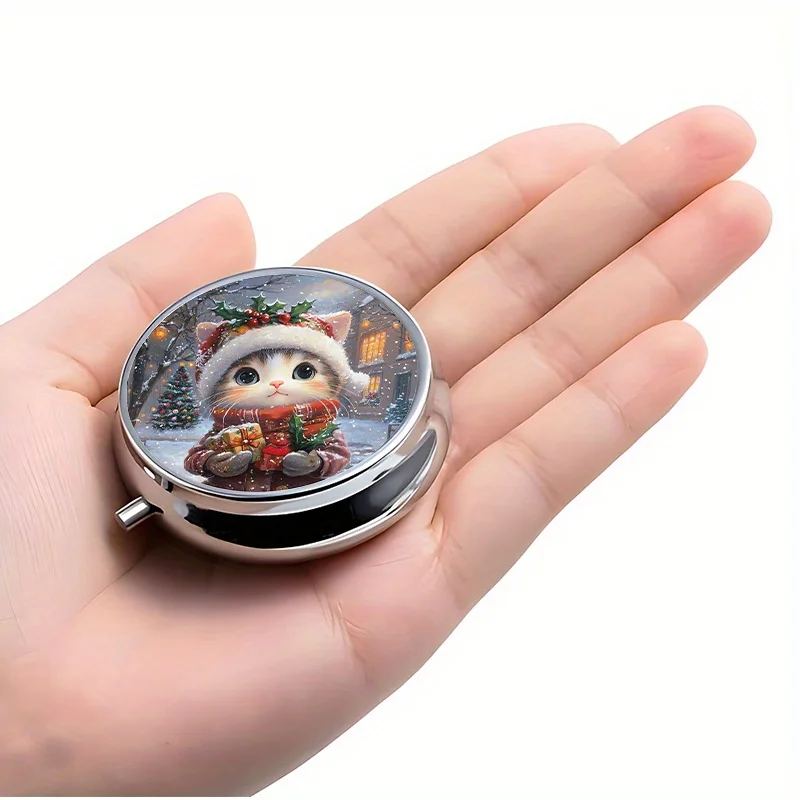 1 Mini Pill Box with 3 Compartments, Christmas Cute Cat Design, Mini Pill Box, Medication Storage Box, Unique Gift, for Organizing Vitamins and Medications