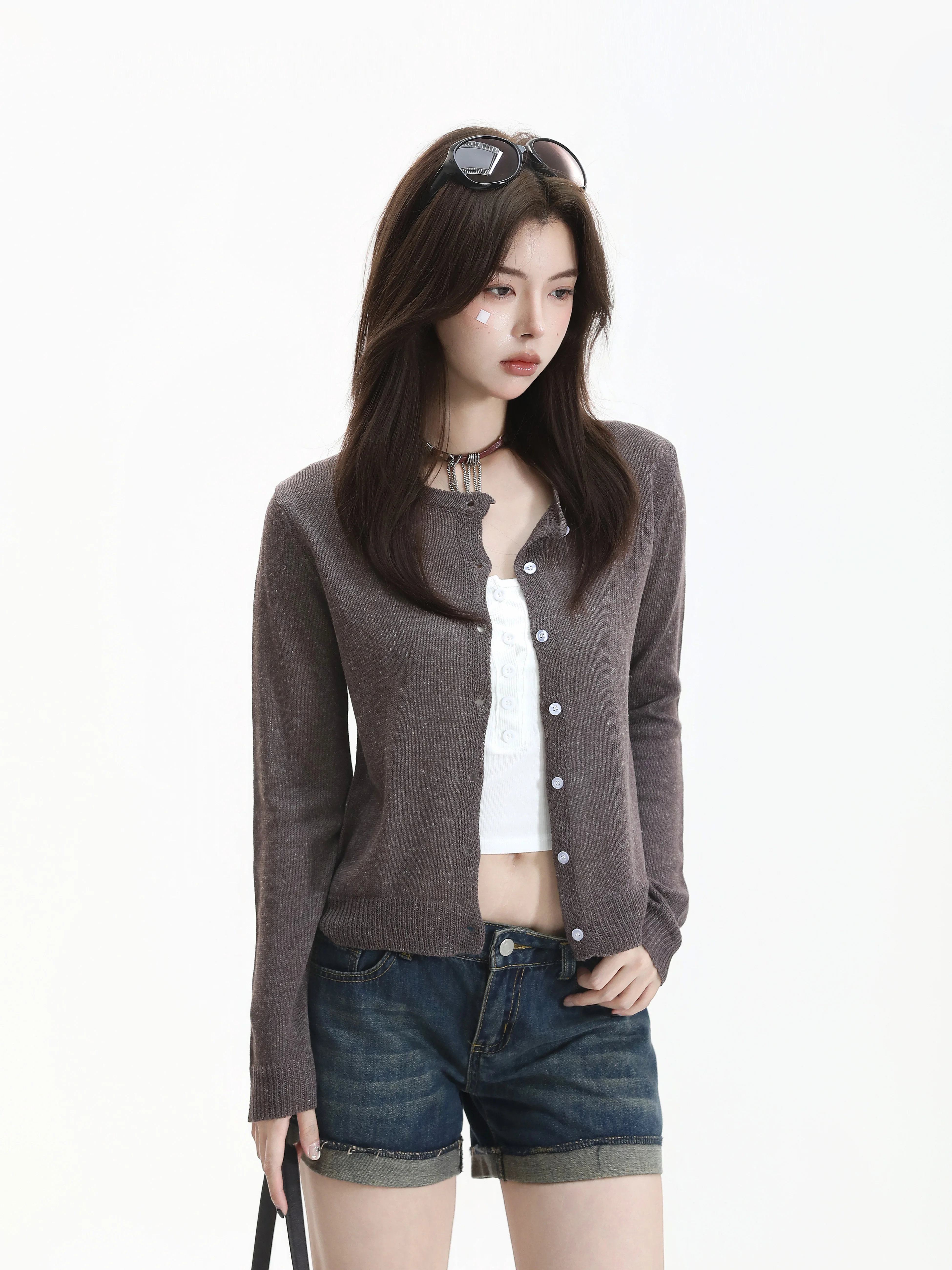 Korean Style Sweet Girl Pure Color round Neck Knitted Sweater Slim Fit Semi-Transparent Short Cardigan Breathable Soft Material