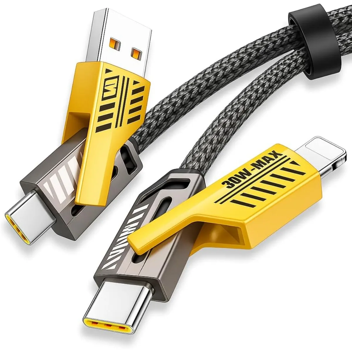 Cabo 4 em 1 Reforçado 65W Turbo com Conectores Lightning، Tipo-C e USB-A |   كاريجامنتو رابيدو |   متوافق مع آيفون وAndroid