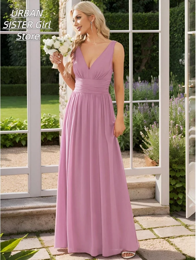 Pink-Purple Deep V-Neck Sleeveless Ruched Waist Chiffon Long Bridesmaid Dress, Floor-Length Elegant Wedding Guest Evening Gown view 2