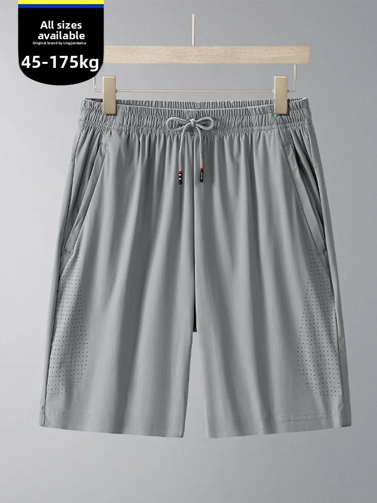 

Мужские спортивные брюки из ледяного шелка, летние, высокоэластичные, для бега и фитнеса, свободного кроя, больших размеров, дышащие, для баскетбола, длиной до колена