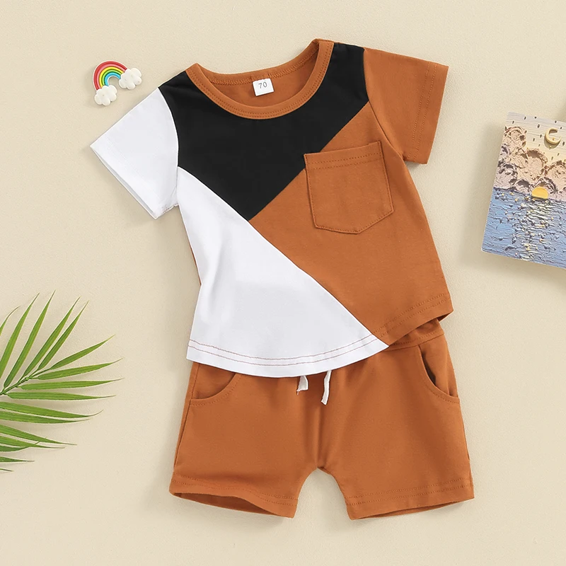 Toddler Baby Boys Summer Outfit Contrast Color Short Sleeve Round Neck T-shirt Elastic Waist Shorts 2Pcs Sweatsuit Tracksuit