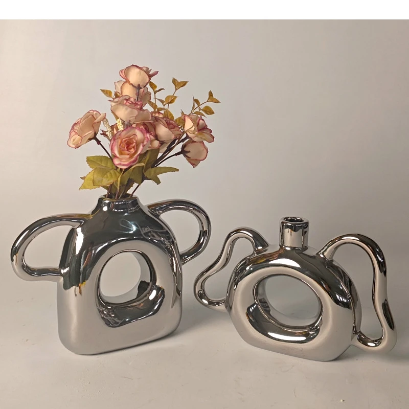 Versilberte Keramikvase mit rundem Griff, Pflanzentöpfe, Tischdekoration, Blumenarrangement, Blumenvasen, ästhetische Raumdekoration