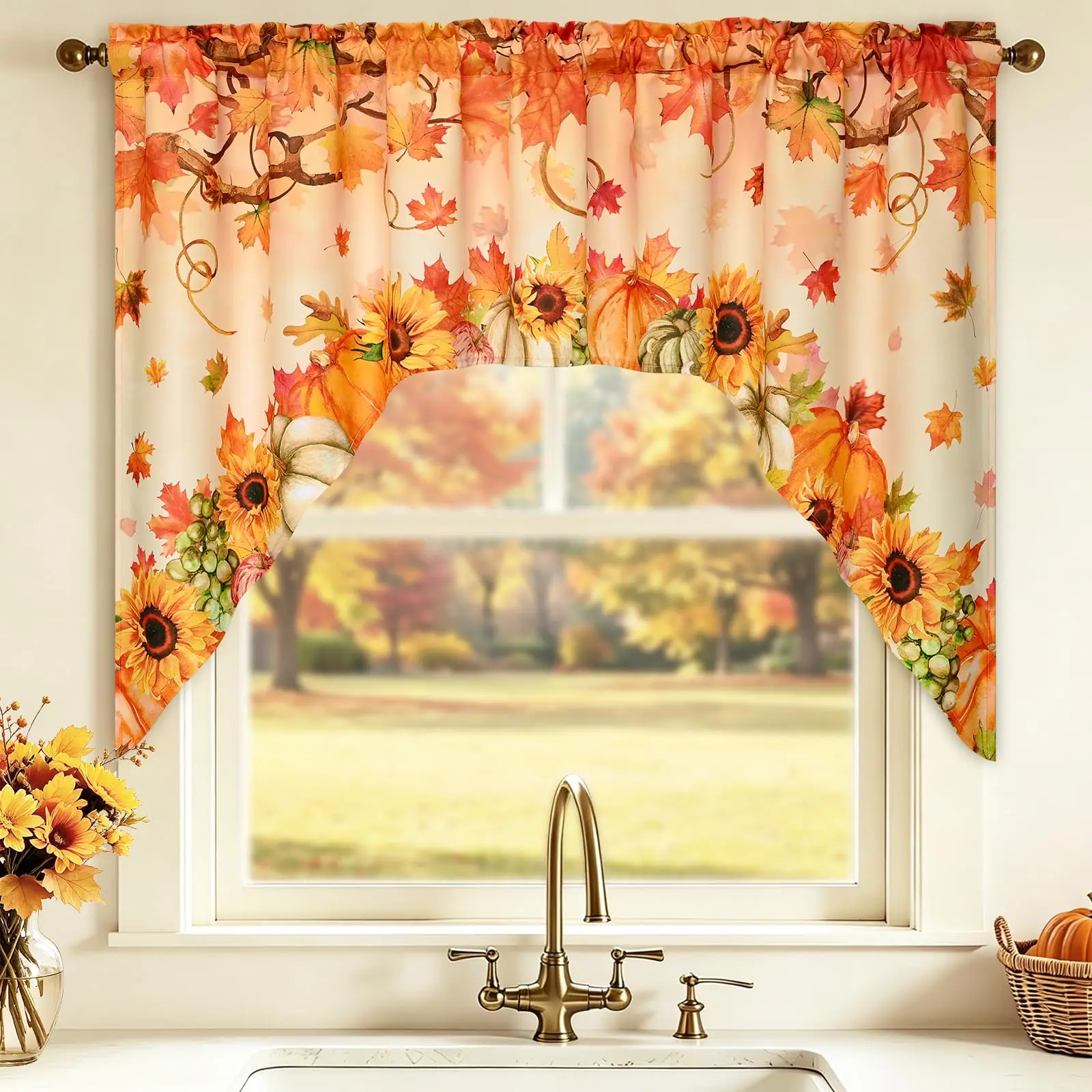 Maple Leaves Swag Valance Pumpkin Sunflower, Rod Pocket 1 Panel for Kitchen Bathroom Cafe, Small Window Curtain Decor Farmhouse