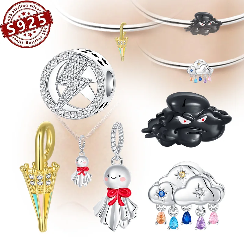 New 925 Sterling Silver Cloud umbrella Lightning pendant Weather Series Charms Beads Fit Original Bracelets DIY Jewelry Gift