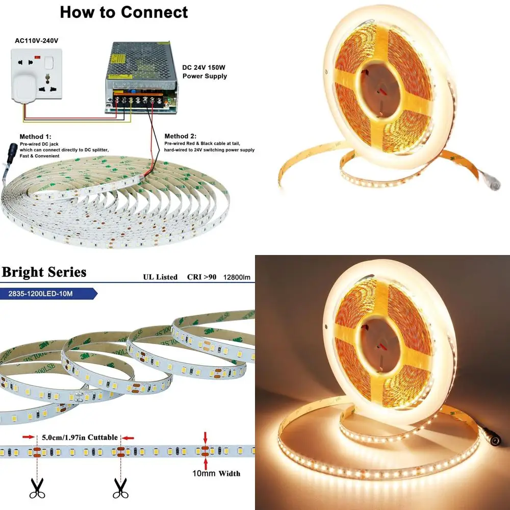 

Светодиодная лента 24В 1200LED SMD2835, 10м, 150Вт, 12800лм, 3000К теплый белый, 450лм/т, CRI 92+, диммируемая, для использования внутри помещений