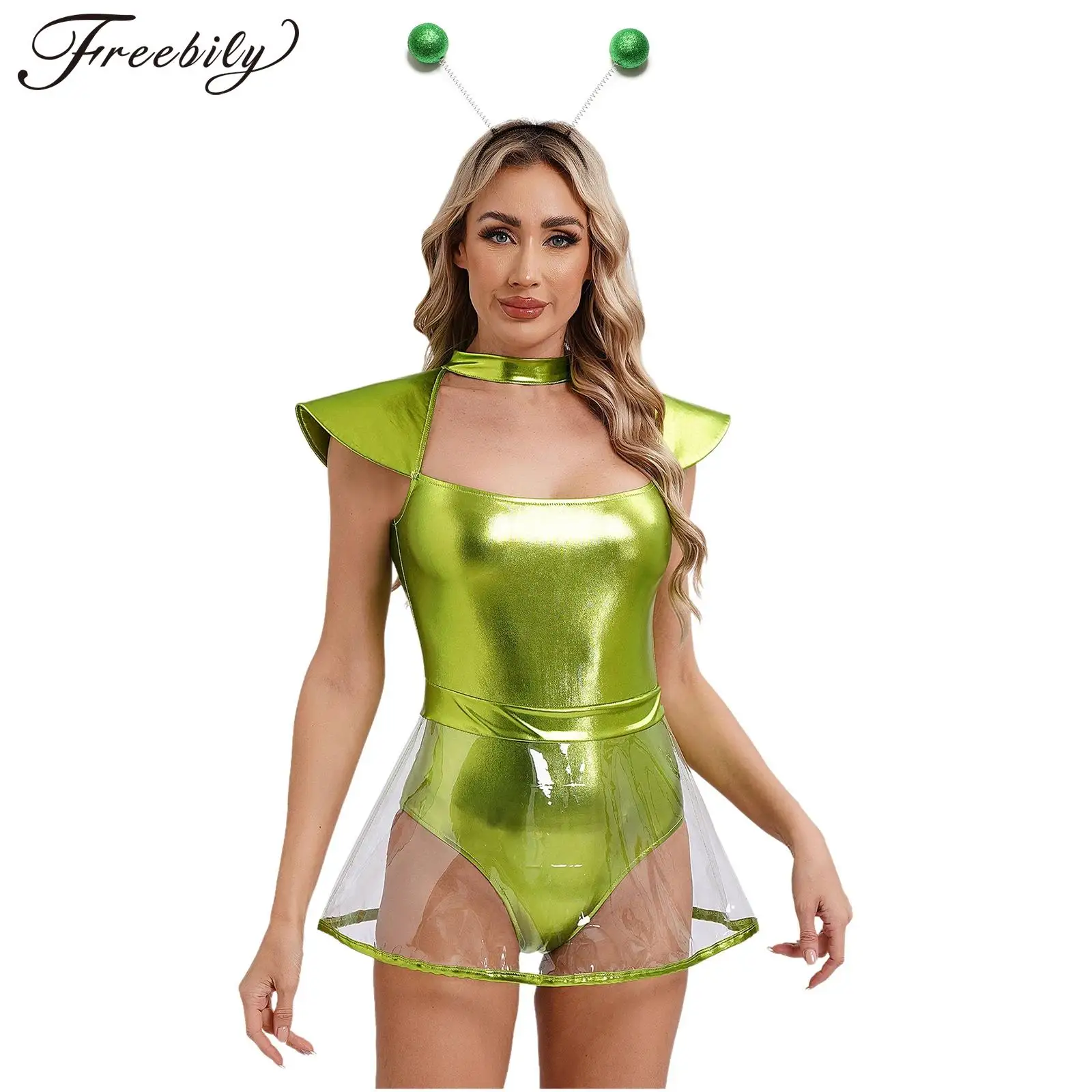 Women's Alien Cosplay Halloween Costume Shiny Metallic Leotard with Sheer PVC Skirt Jumpsuit Dress with Hair Hoop Headband