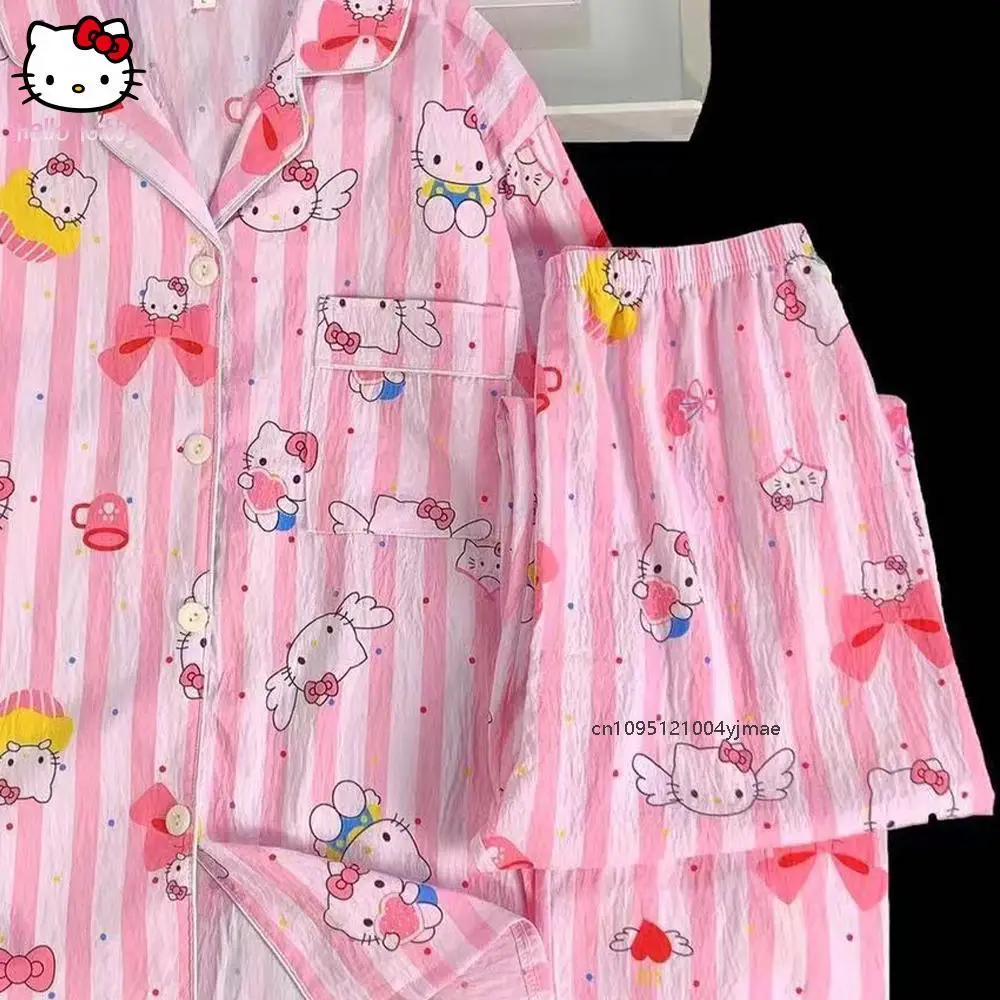 Sanrio 헬로 키티 여성 여름 잠옷 긴 소매 오픈 카디건 세트 여성용 가정 의류 편안한 통기성 잠옷 귀여운