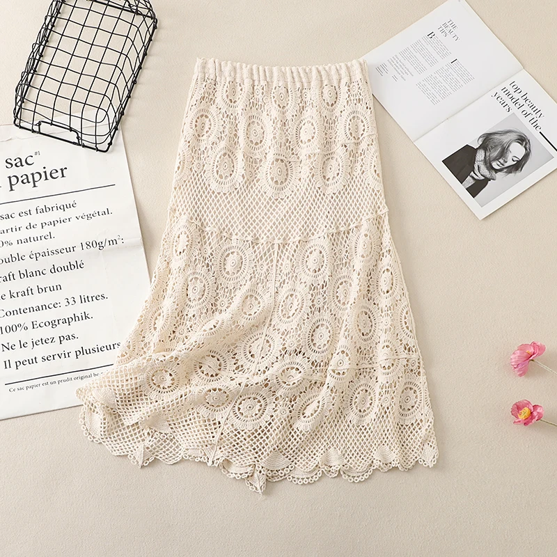 Spring Autumn Forest System Mid-Length A-Line Skirt Lace Oversized Waist Design High Waist Women's Fashion Casual Knitted Cot...