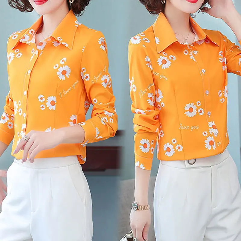 

Female Clothing Vintage Polo-Neck Blouse 2023 Spring Autumn Fashion Single-breasted Commute Floral Printed All-match Slim Shirt