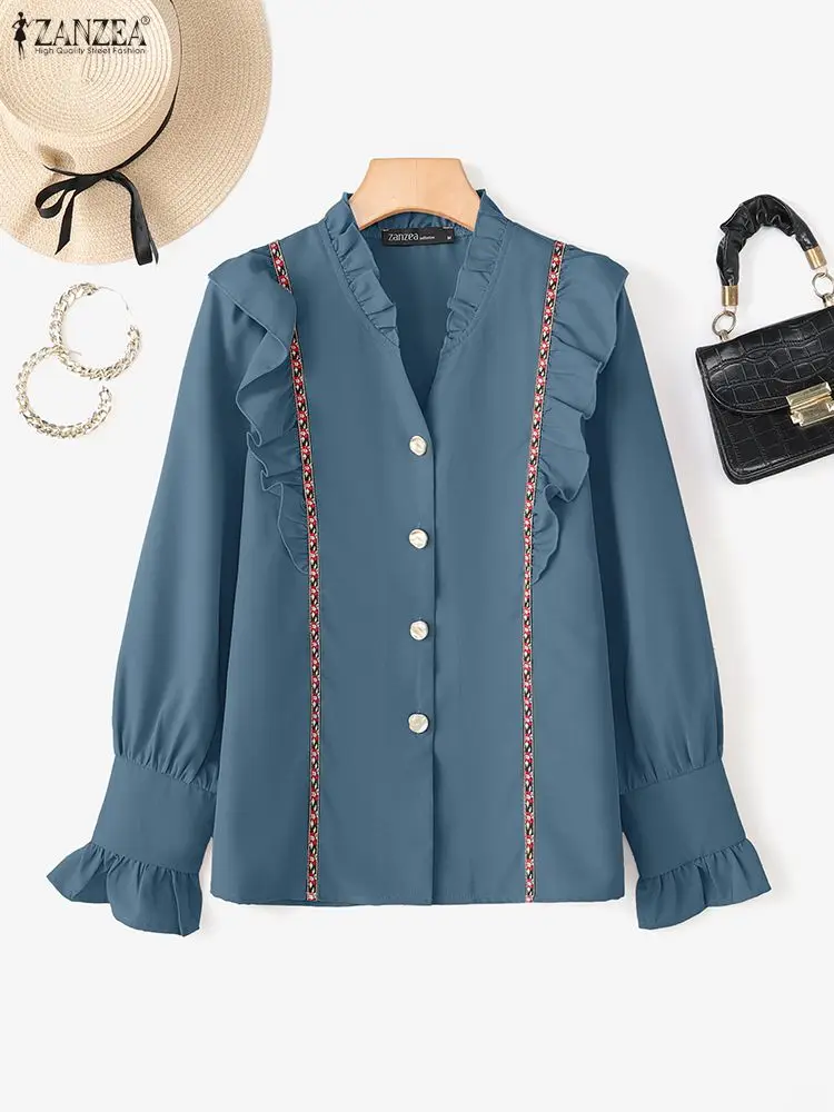 ZANZEA-camisas elegantes de oficina para mujer, blusa informal de manga larga con cuello en V, Tops tipo túnica a la moda, Blusas femeninas de trabajo 2025