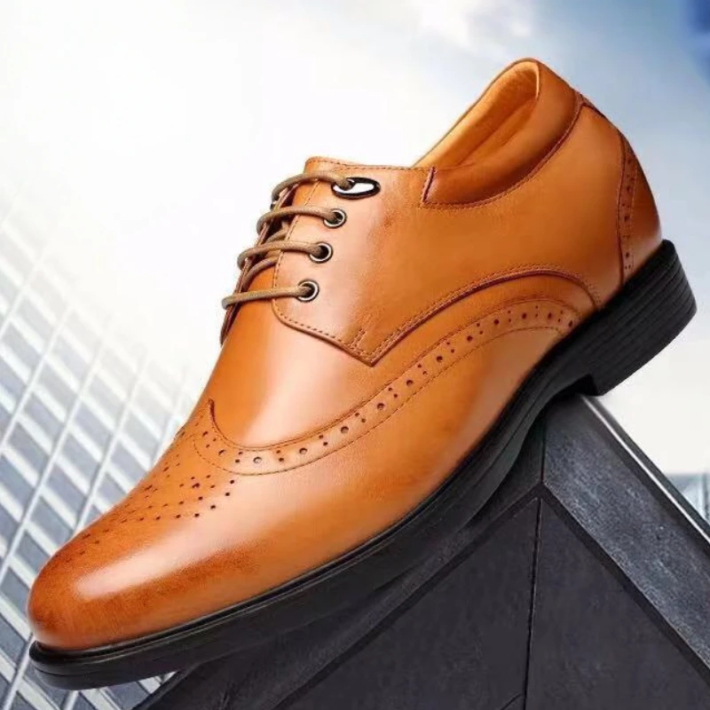 

Мужские туфли дерби для увеличения роста на 8 см, из натуральной кожи, с резьбой, удобные, дышащие, с невидимым увеличением роста