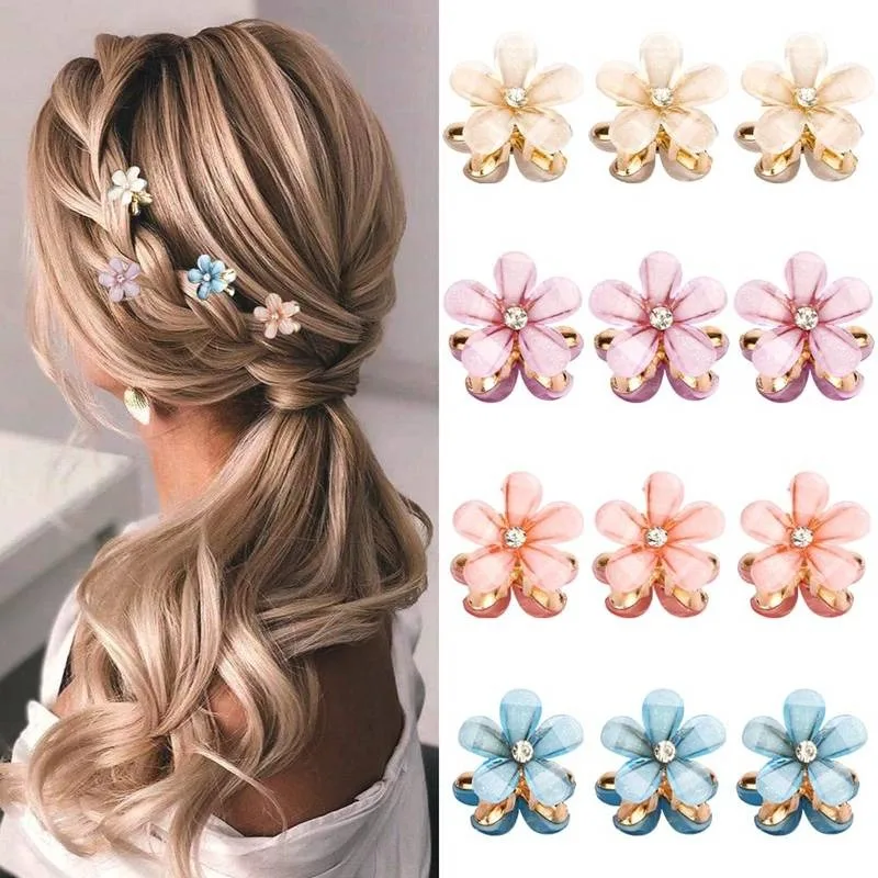 5pcs Small Crystal Flower Hair Claw Metal Hair Claw For Side Hair Bang Braids Women Girls Sweet Hair Clip