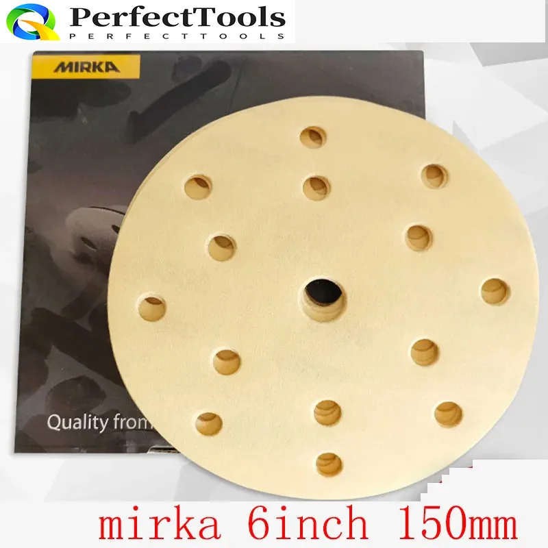 100 Pcs Finland Mirka 6 Inch 15 Hole Dry Sandpaper Car Sanding Putty Flocking Self-adhesive Round Back Velvet Sandpaper 150mm