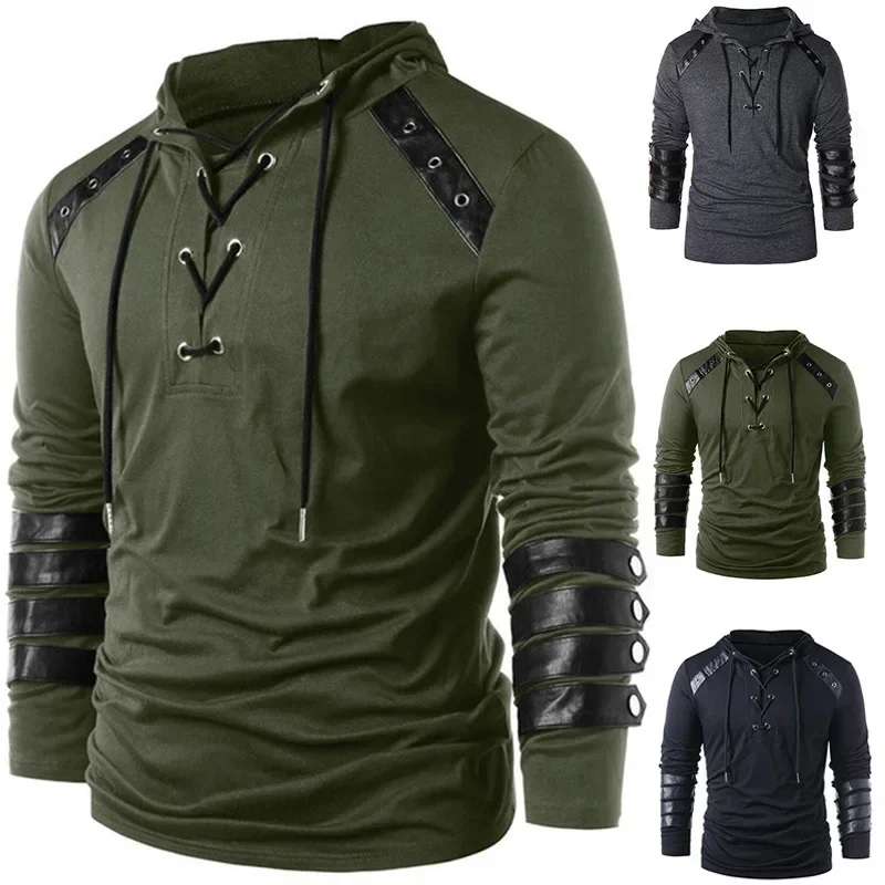 TPJB New Gothic Hoodies for Men Steampunk Lace Up Long Sleeve Pullover Sweatshirt Medieval Retro Bandage Jumper Hoodie Tops