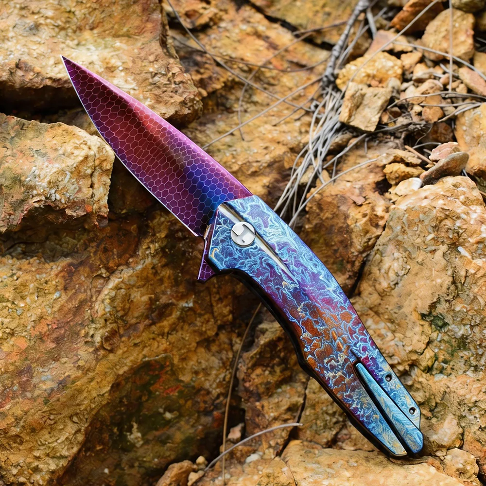

Hand Forged Damascus Folding Knife High Carbon Steel Titanium Alloy Handle Iridescent Color Outdoor Camping EDC