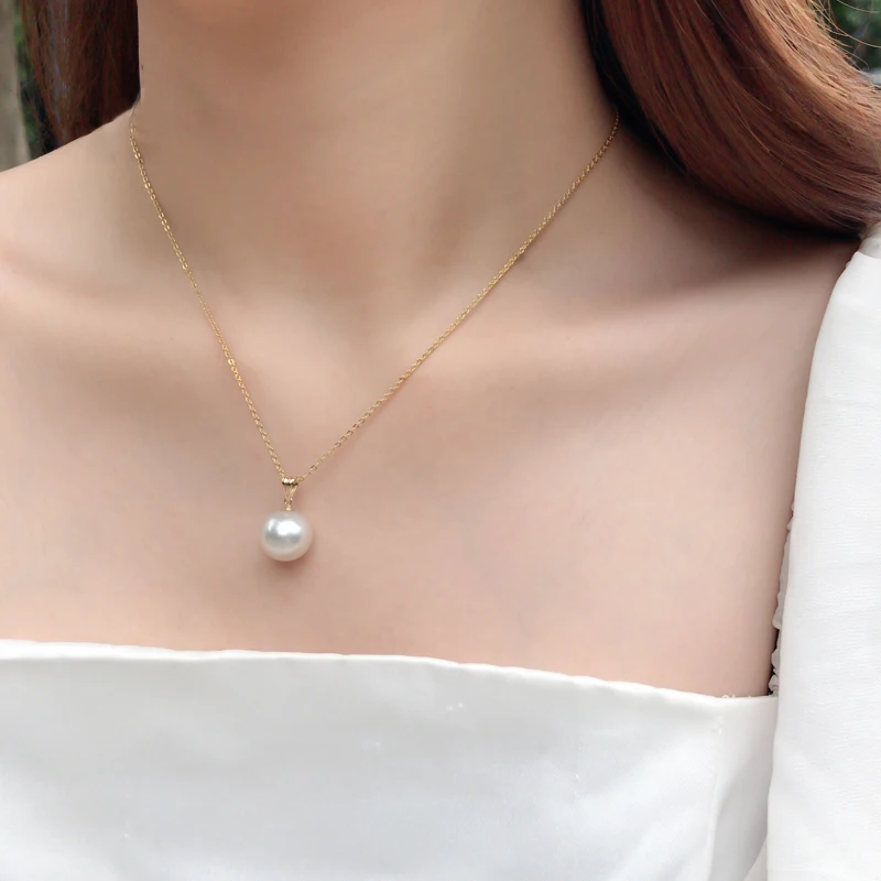 Real 18k Gold White Natural Freshwater Round Pearl Necklace Anniversary Gift