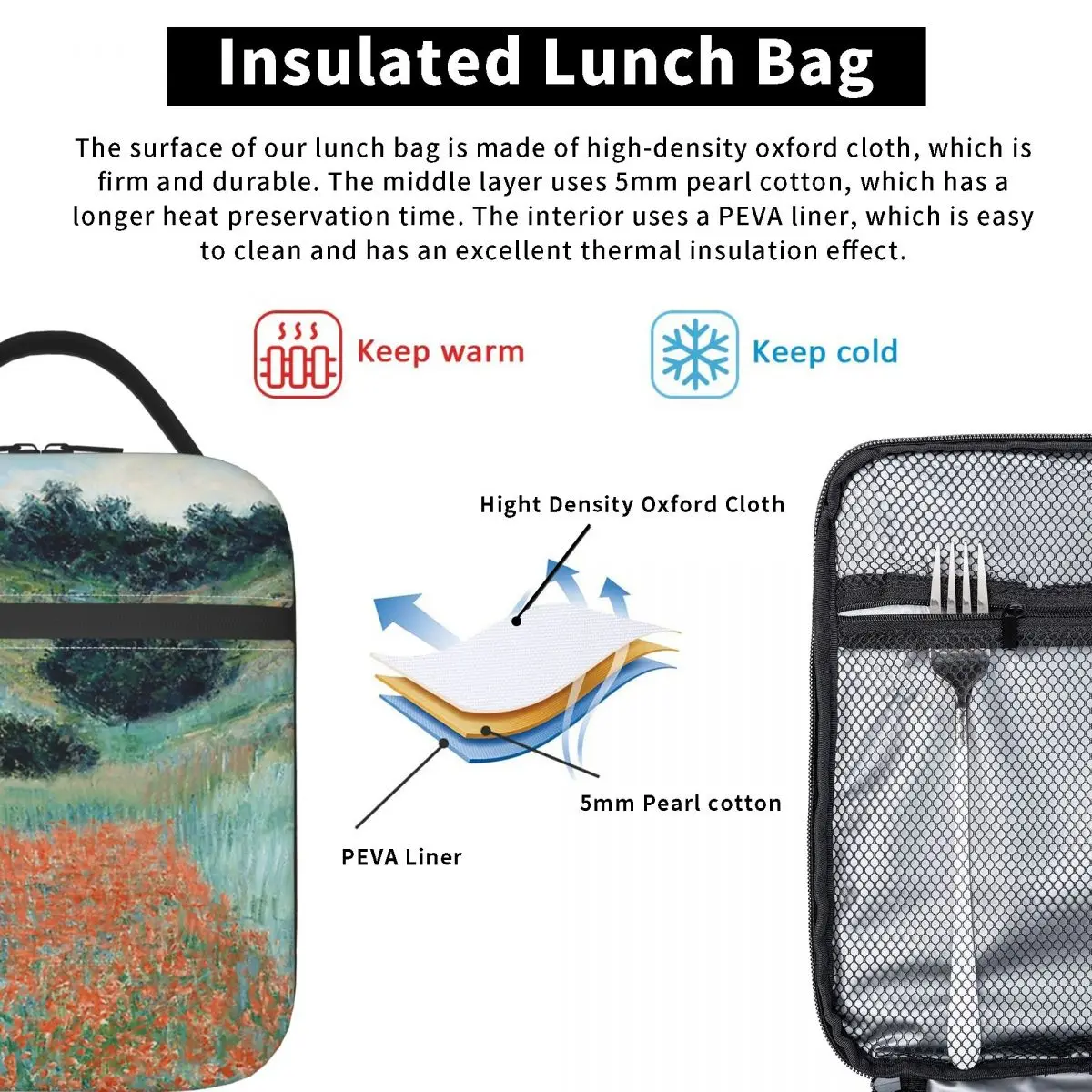 1885-Claude Monet-Poppy Field In A Hollow Near Giverny Insulated Lunch Bag Children Portable Food Boxes Thermal Lunch Box Tote