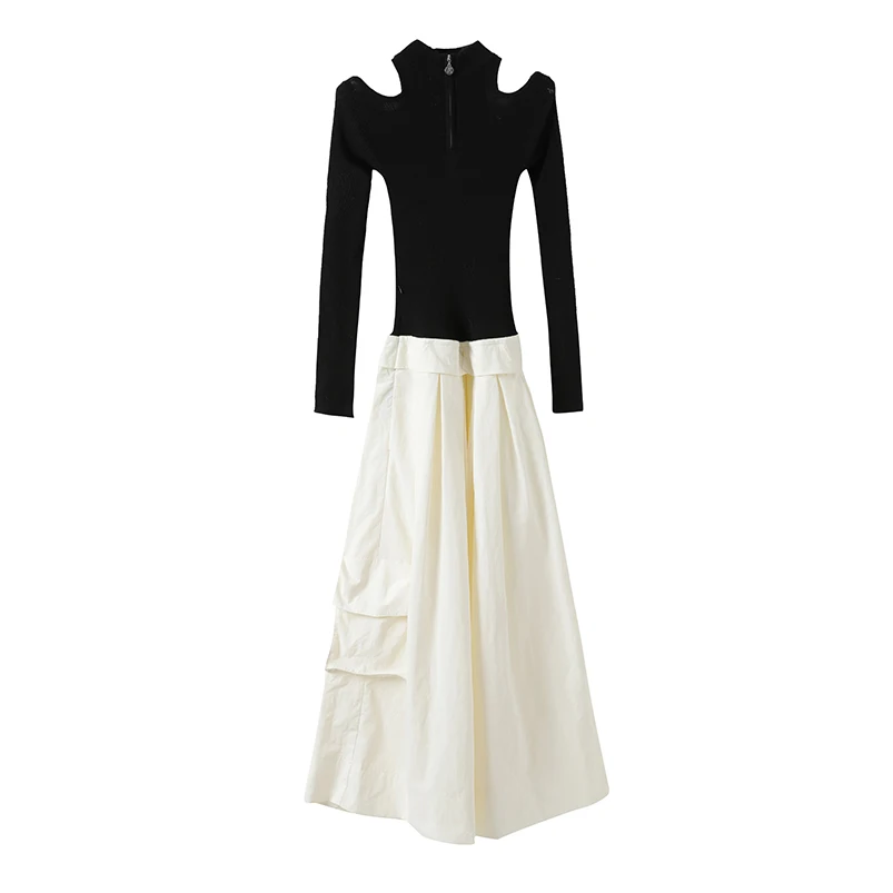 علامة فينا-فساتين طويلة محبوكة مرقعة للنساء ، فستان متوسط الطول فضفاض للسيدات ، سحاب نسائي عتيق ، فساتين متداخلة ، WA071 #2