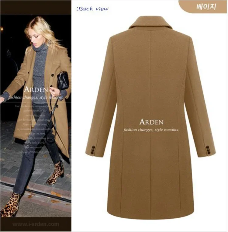 Mid-Length Woolen Women\'s Coat Double-Breasted Woolen Coats Trench Solid Color Autumn Winter Warm Outwear