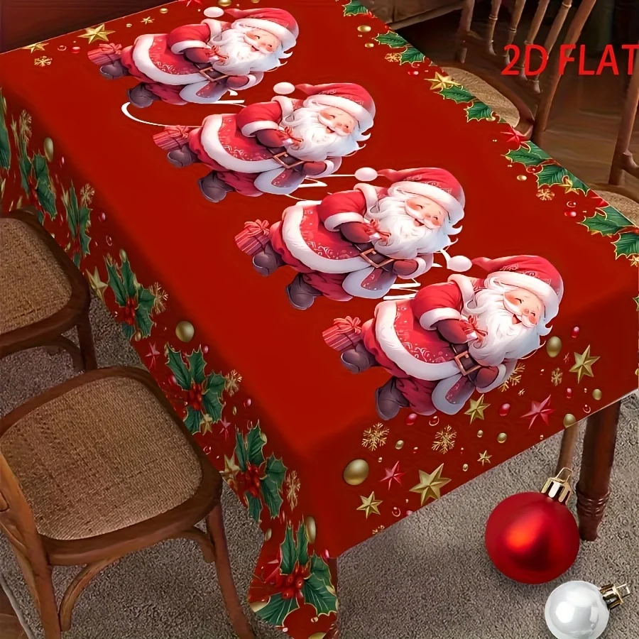 A festive Santa Claus Christmas tablecloth - featuring holly and star designs, made of polyester material.