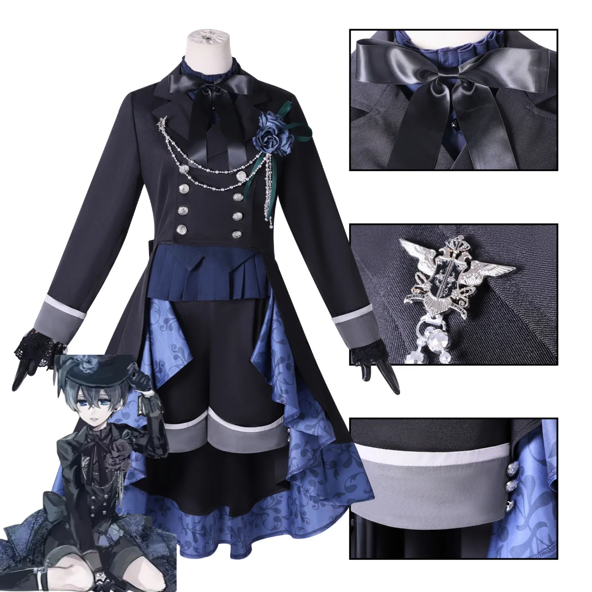 Kostium Cosplay XqAnime Ciel Phantomhive Smile, Czarny Smoking z Różą, Płaszcz, Uniform, Peruka, Męski Damski Strój Karnawałowy Świąteczny