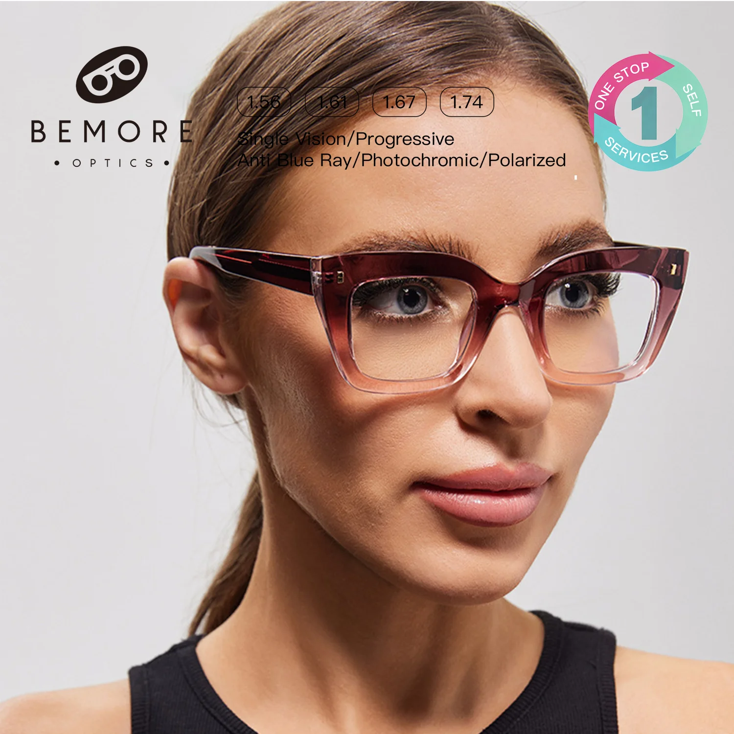 

BEMORE Women Butterfly Anti-Blue Light Myopia Reading Minus Diopter Correction Eyeglasses with Prescription