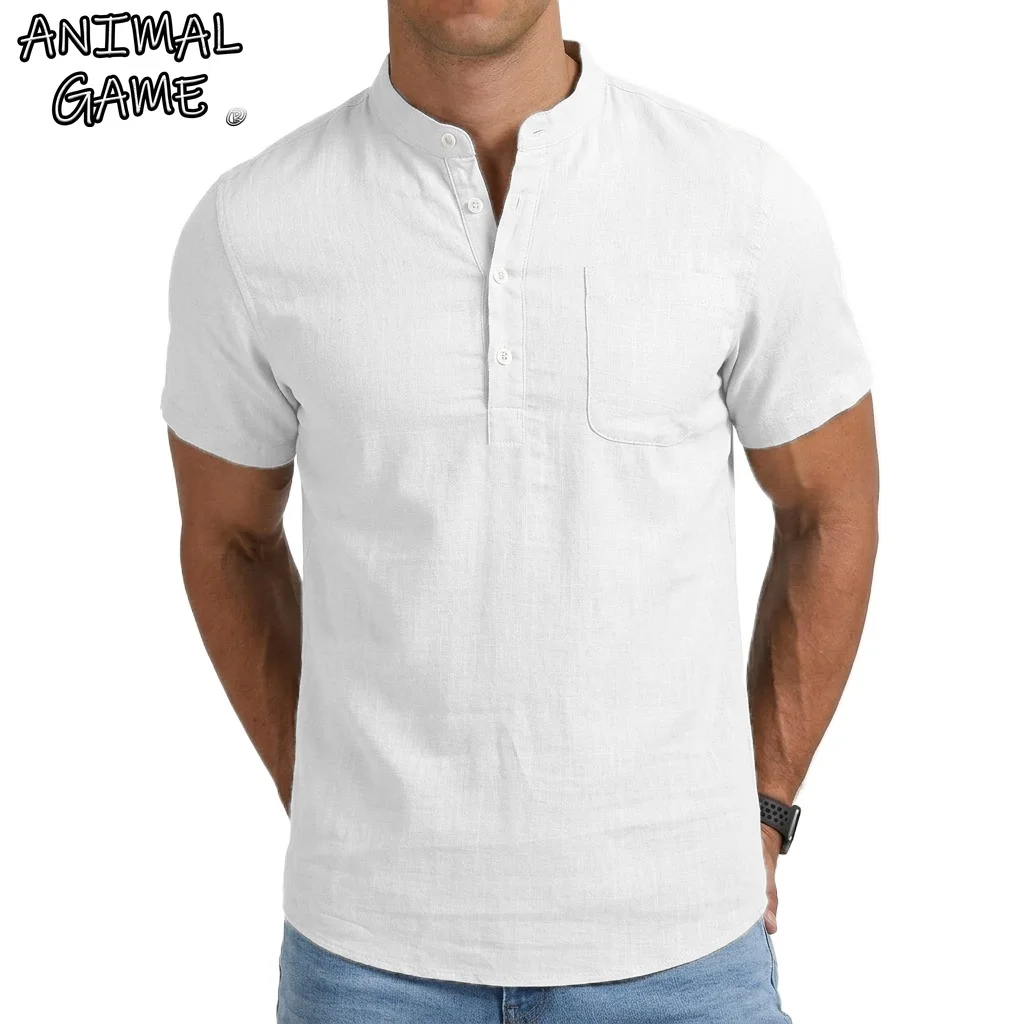

Summer Men's Casual Shirt for Men Stand Solid T-shirts Short Sleeve Linen Lapel Shirt Trendy Breathable Loose Basic Pocket Top