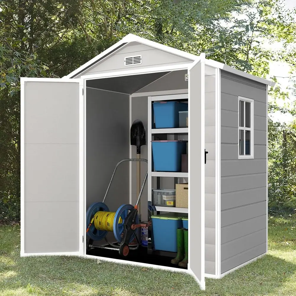 

6x4.4ft Outdoor Resin Shed with Floor, Lockable Door for Garden Tools and Waterproof Storage in Light Gray