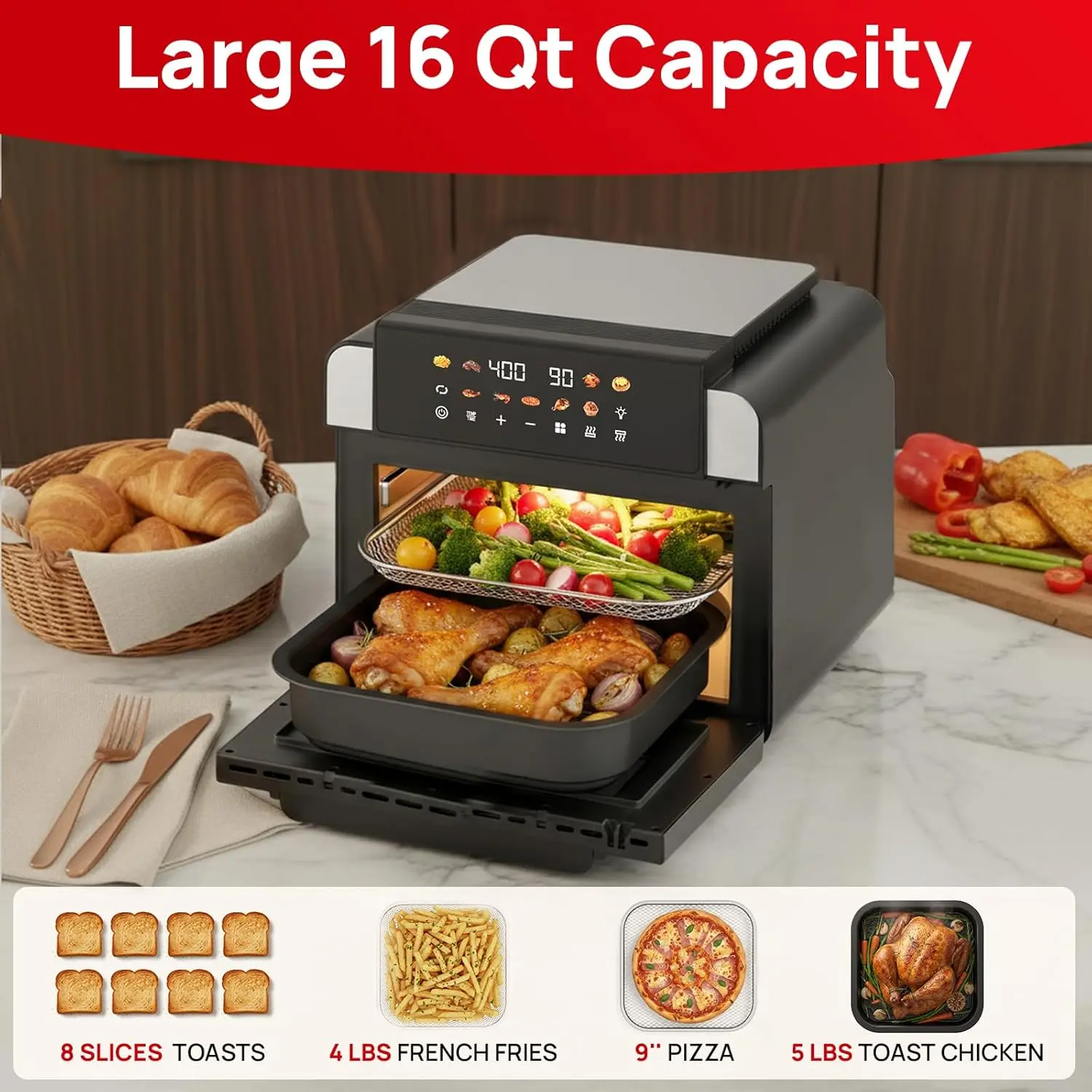 16-Quart Air Fryer Toaster Oven Combo with PFAS-Free Ceramic Coating, Viewing Window, 9 Preset Programs, Dual Heating (1700W Top