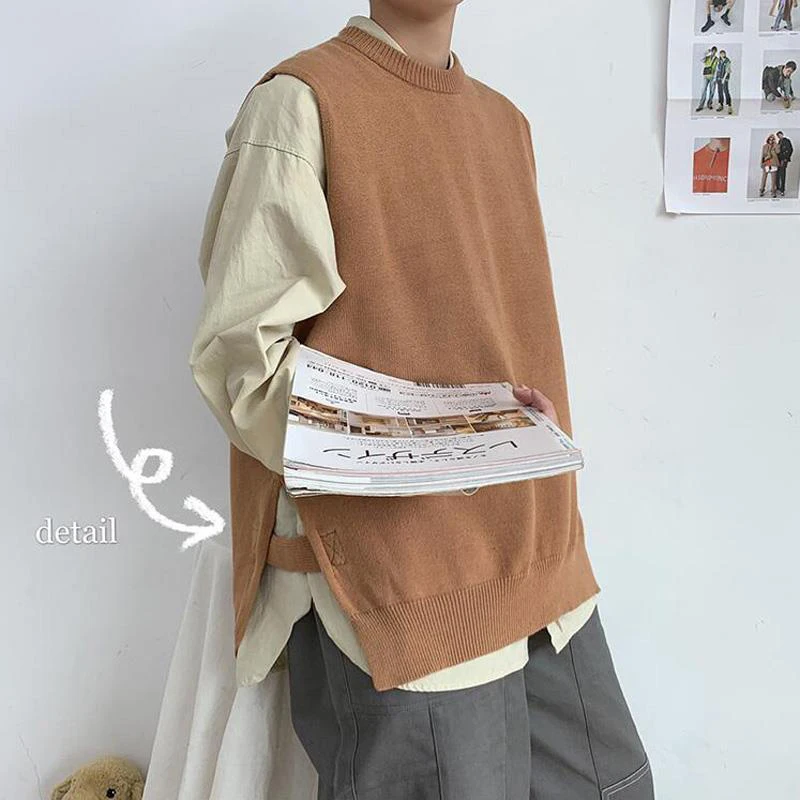 Vintage Shrug Vest Knitted Autumn Winter Sleeveless Men Sweater Fashion Loose Casual Harajuku Simple Solid Loose New Pullovers