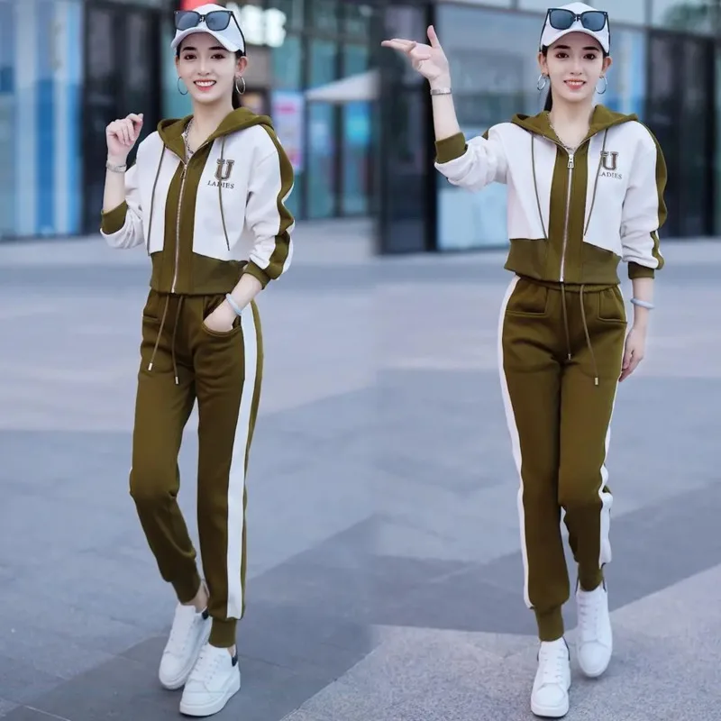 Women\'s Spring Autumn Hooded Sports Suit 2024 New Popular Fashion Leisure Cotton Zipper Jacket Corp Tops And Pants Two Piece Set