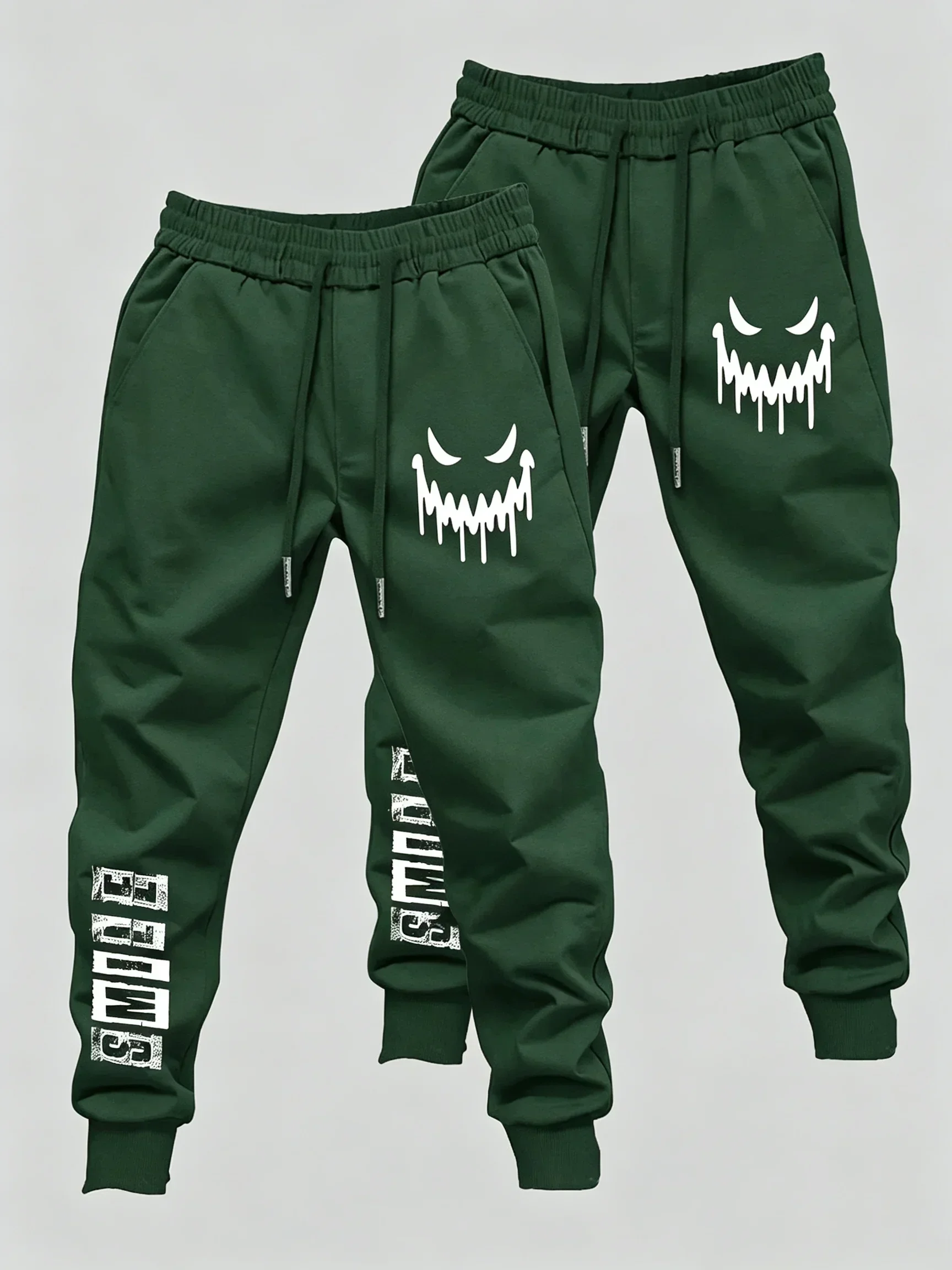 2er-Pack Herren-Freizeit-Jogginghosen mit gruseligem Dämonengesicht-Motiv, elastischem Bund, gerippten Bündchen an den Knöcheln, Streetwear, Lauf- und Fitnesshosen – Detail 11