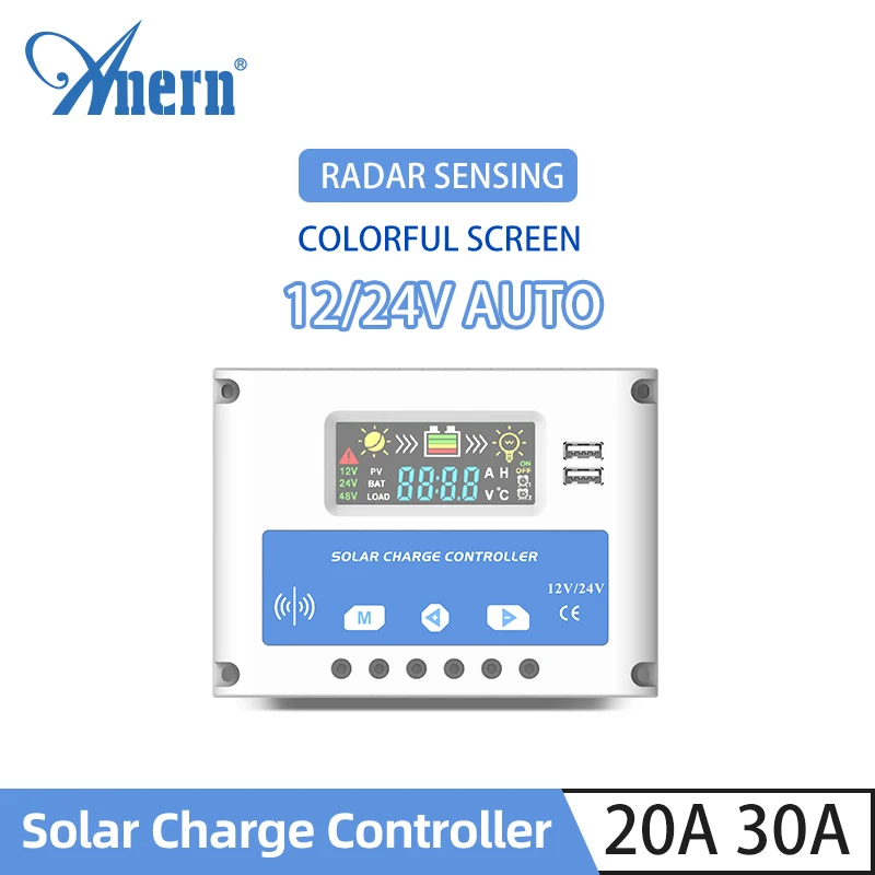 Anern 20A 30A 12V 24V PWM Solar Charging Controller 50V DC Solar Battery Charge Controller Double Dual USB Colorful Screen