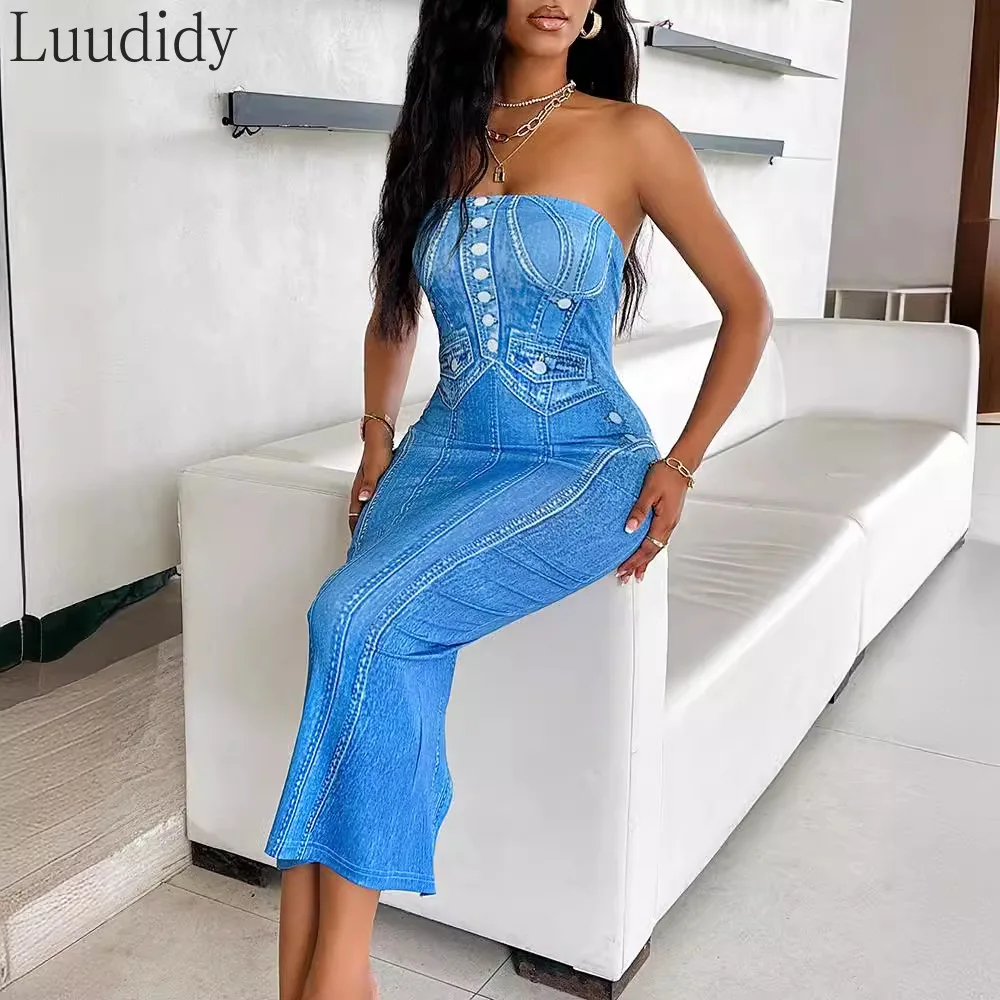 

Women Sexy Print Strapless Backless Bandeau Midi Dress