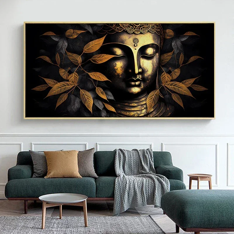 Black Gold Leaf Buddha Statue Wall Art Canvas Painting Big Buddha Religious Beliefs Poster Prints Modern Abstract Picture Decor