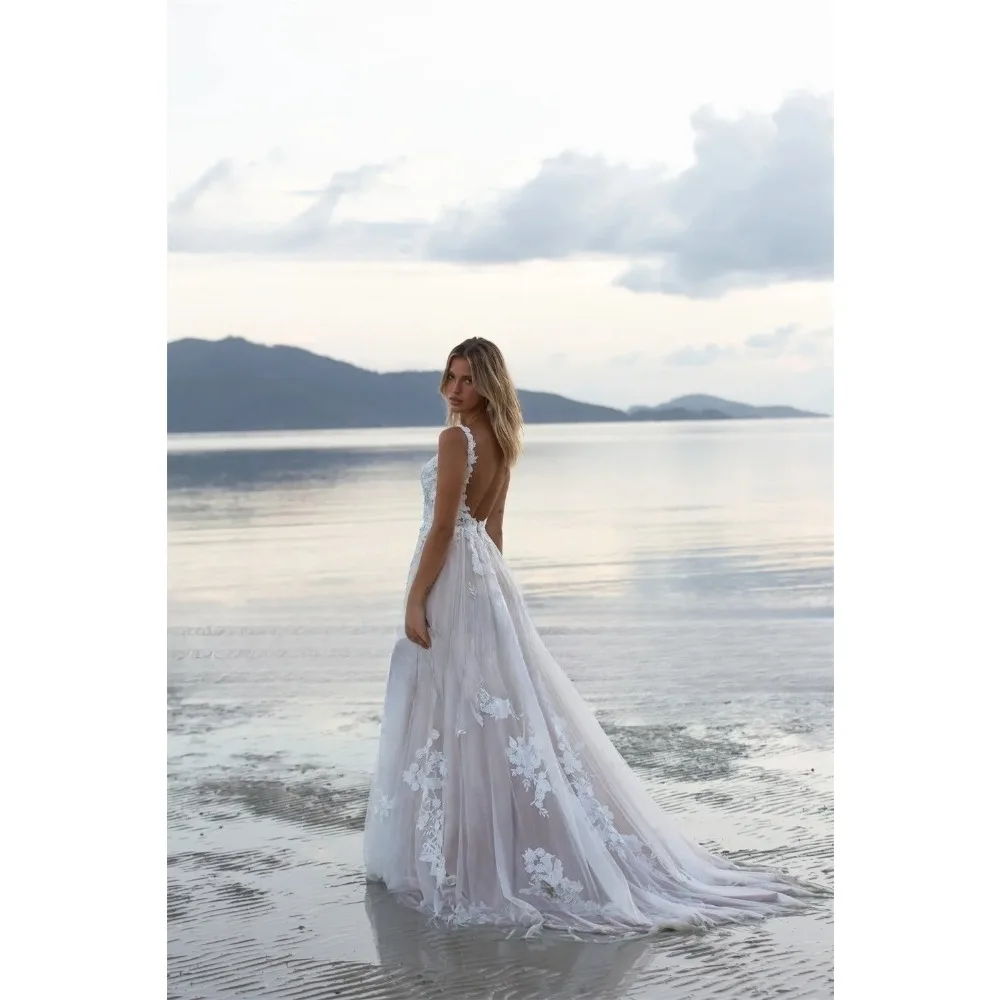 Bohe A-line Wedding Dresses for Women Square Collar Zipper Lace Appliques Sleeveless Bridal Gown Robe De Mariee Customised