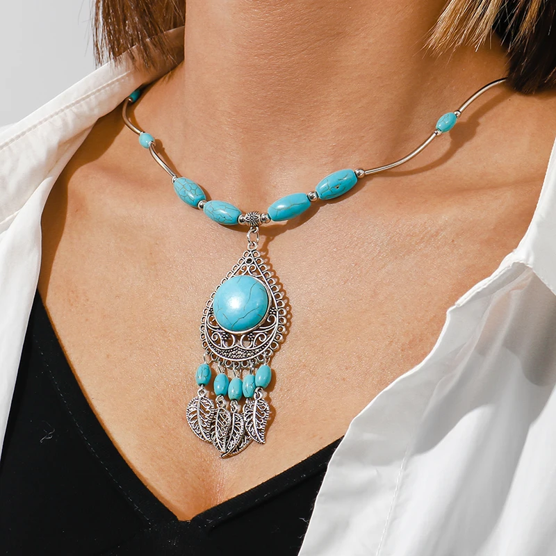 Bohemian Turquoise Tassel Necklaces for Women Ethnic Tree Leaf Pendants Statement Necklace Girls Party Jewelry Gifts