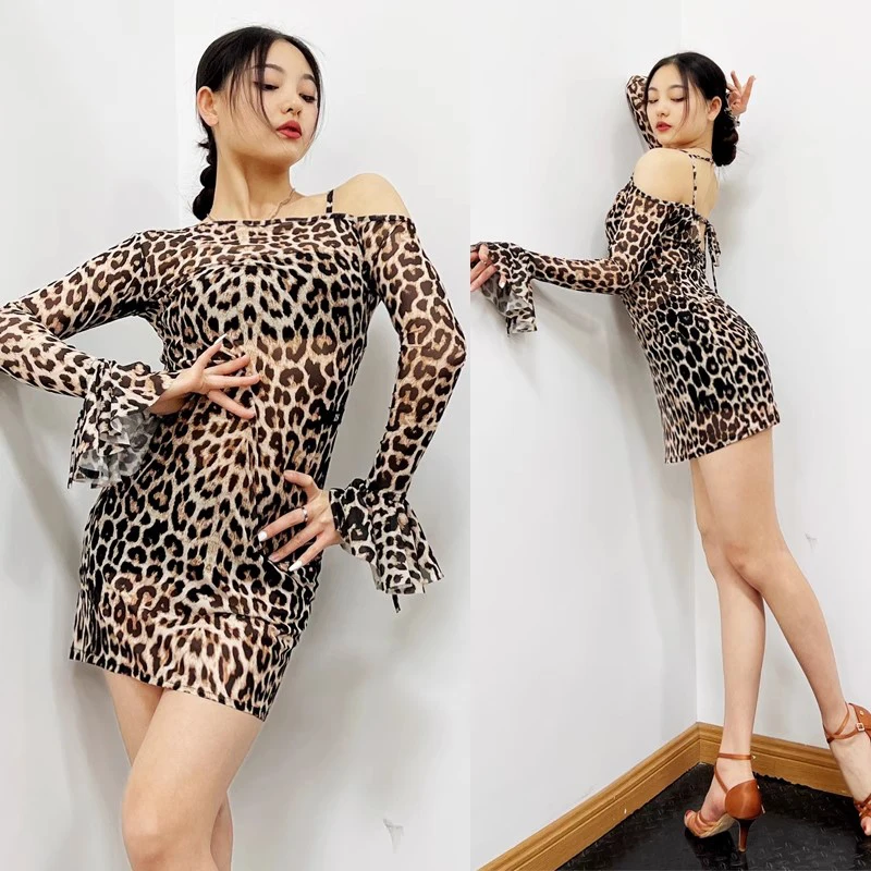 Leopard Loose Latin Dance Dress Women Slant Shoulder Long Sleeves Practice Clothes Sexy Rumba Salsa Tango Dance Dress DNV17564