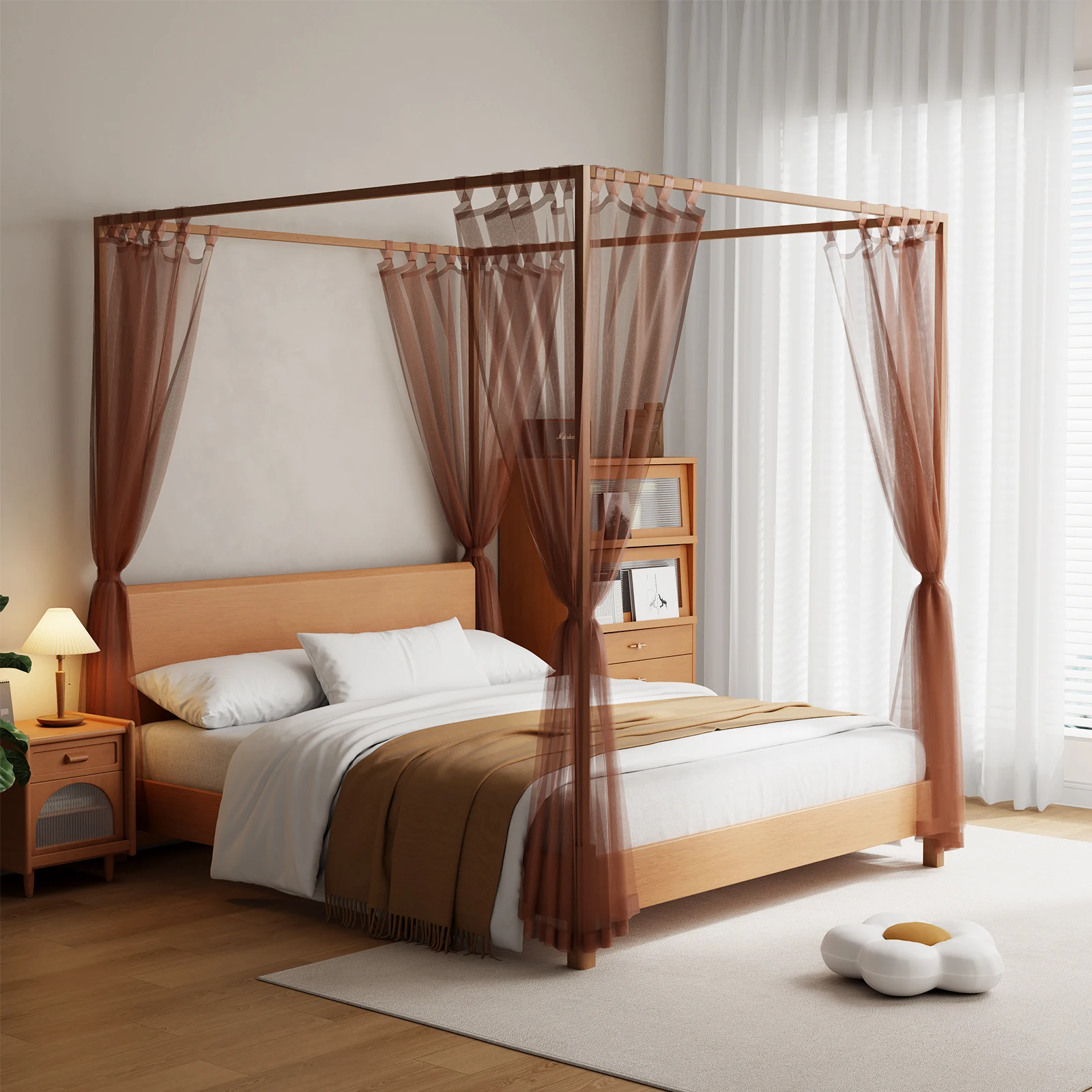 4 Corner Sheer Canopy Bed Curtains Brown Mesh Bed Curtains Canopy All Bed Size Sheer Bed Canopy Curtains for Bedroom Decoration